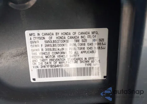 2004 Honda Pilot Ex-L из США, поврежденный, VIN 2HKYF18594H583118